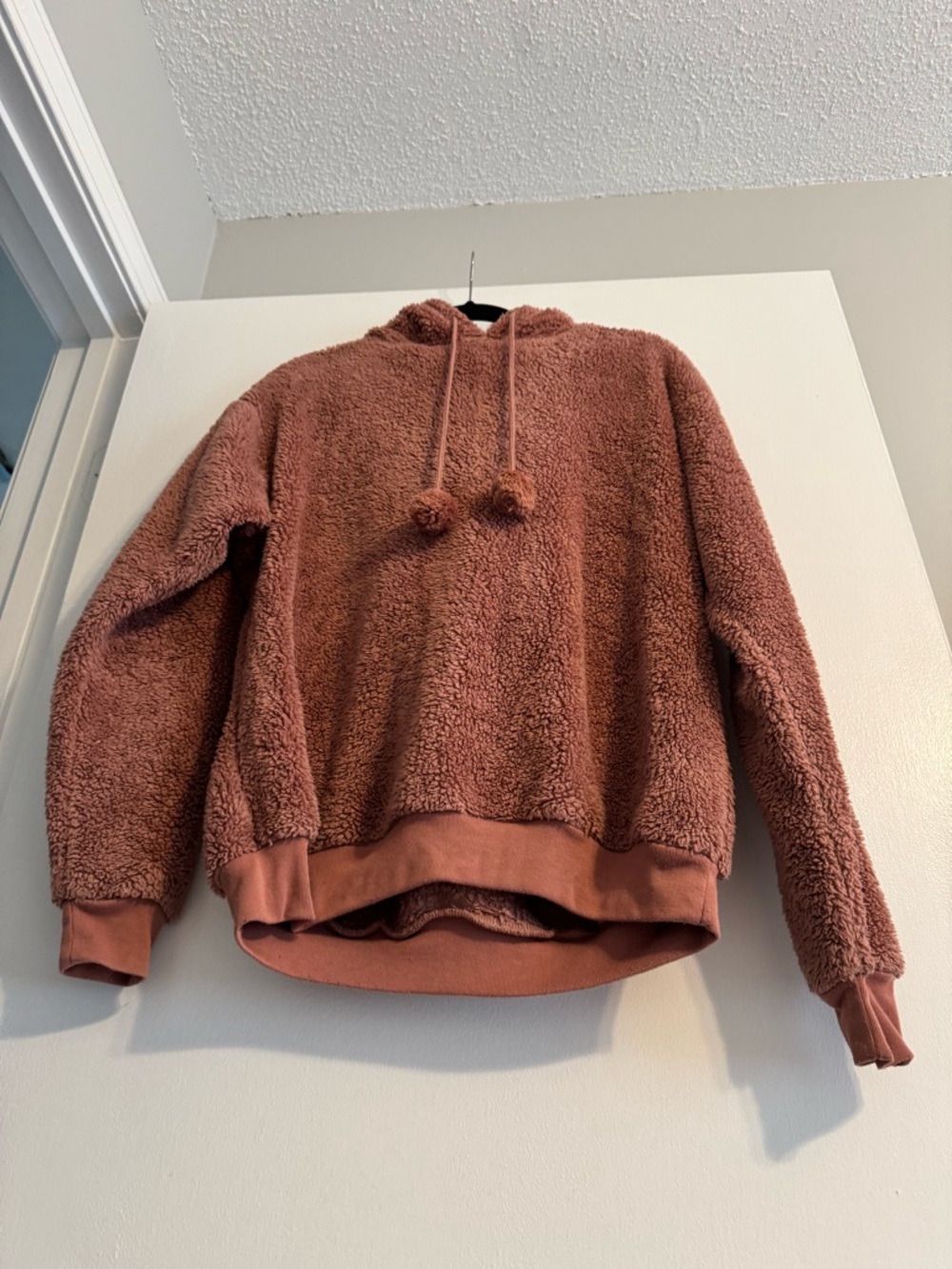Cozy Plush Pom-Detail Hooded Pullover in Dusty Rose - Picture 2 of 7